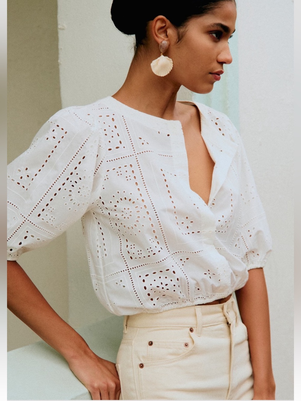 Sezane Lipa Blouse White Eyelet Top Small - Picture 2 of 7